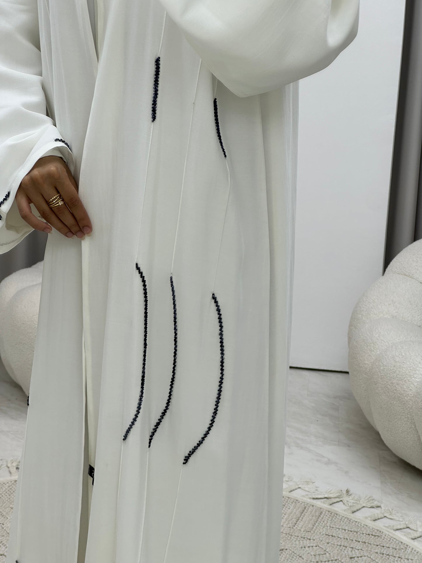 C 0245 Black Beaded White Abaya