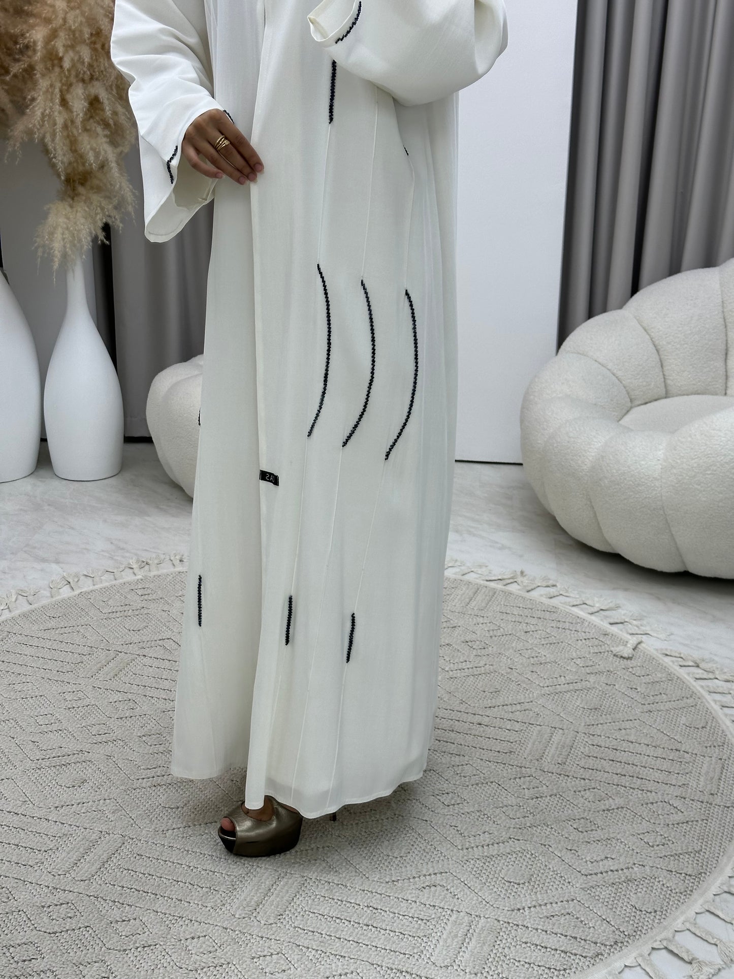 C 0245 Black Beaded White Abaya