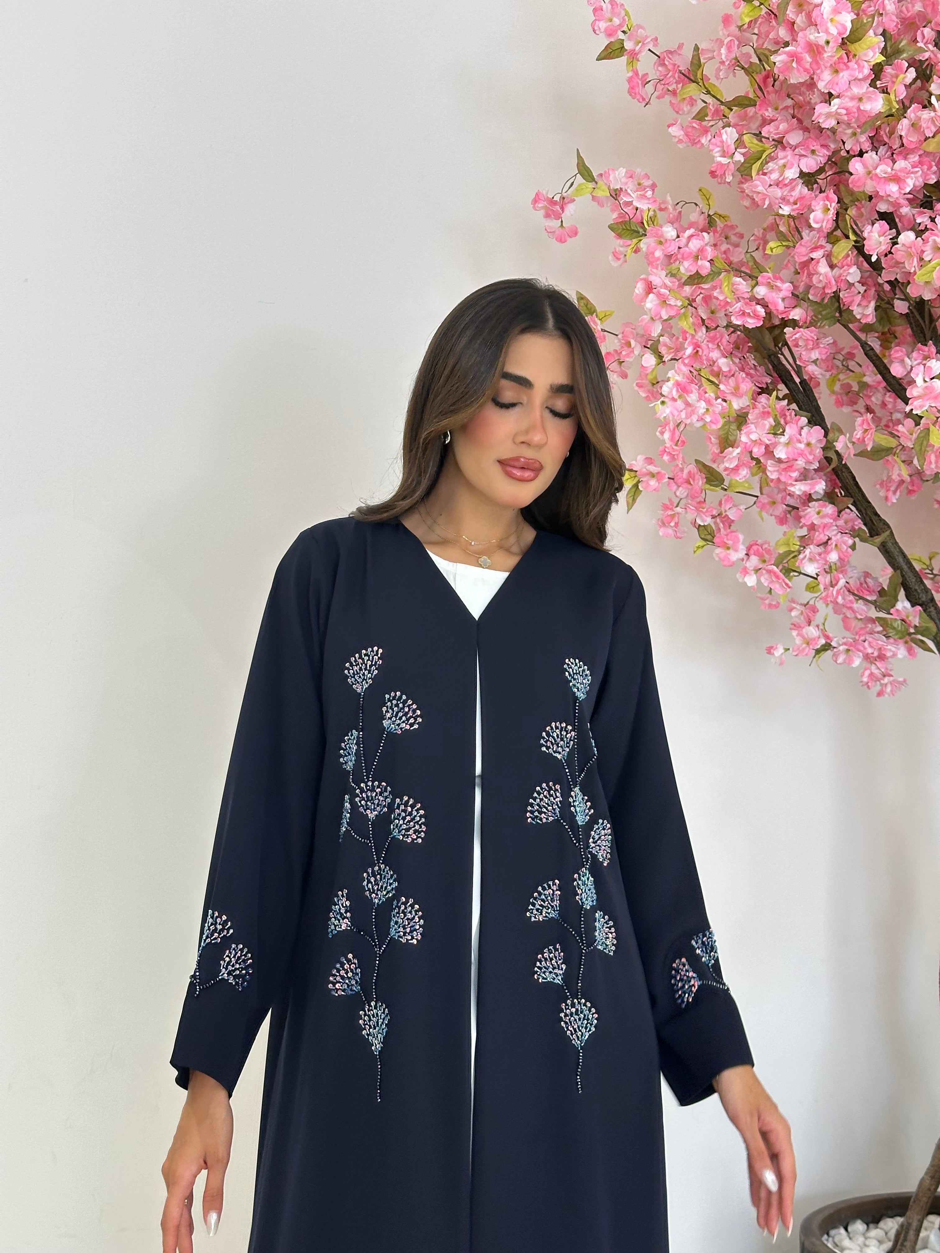 C 1231 Navy Blue Beaded Abaya