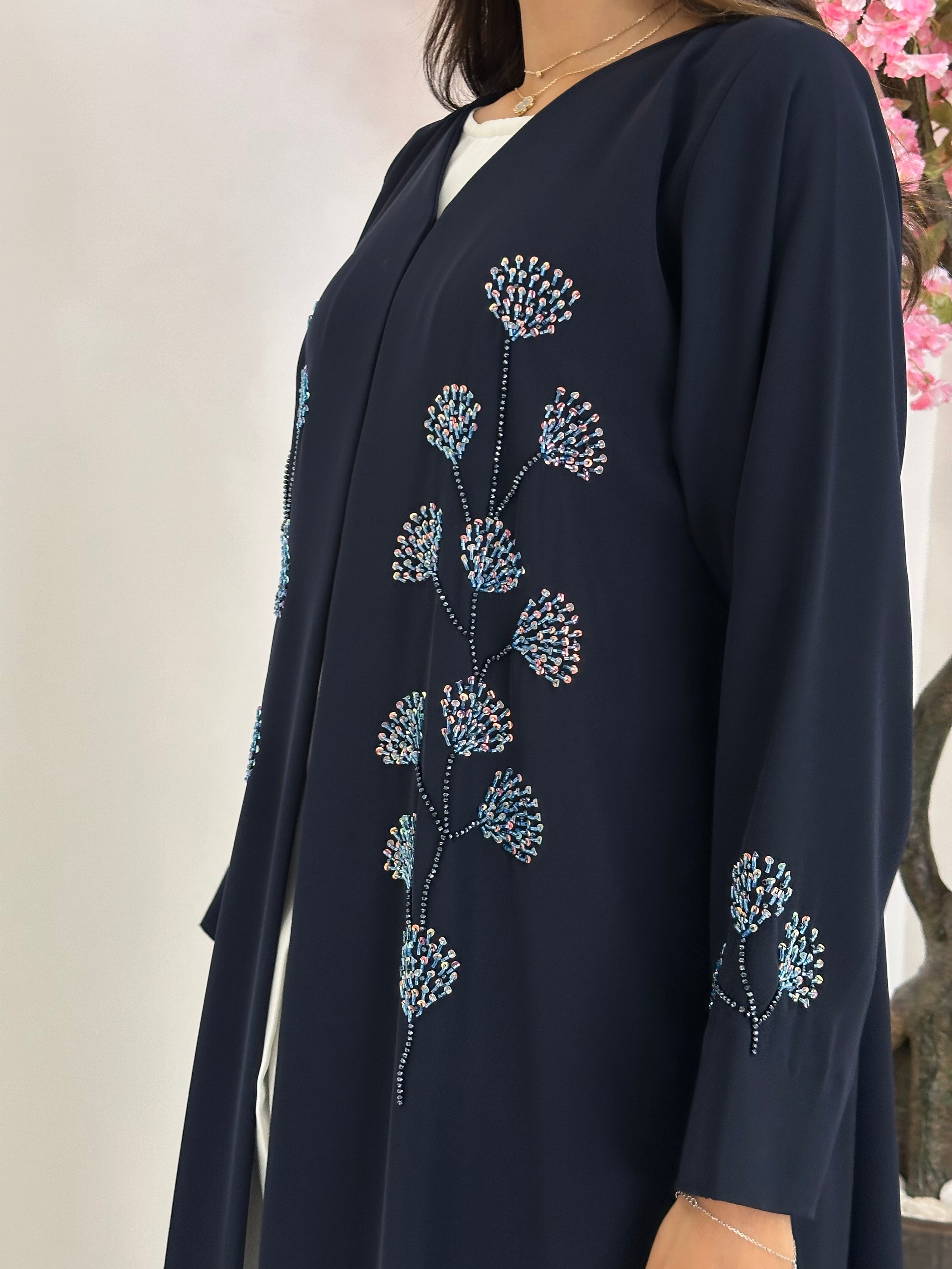 C 1231 Navy Blue Beaded Abaya