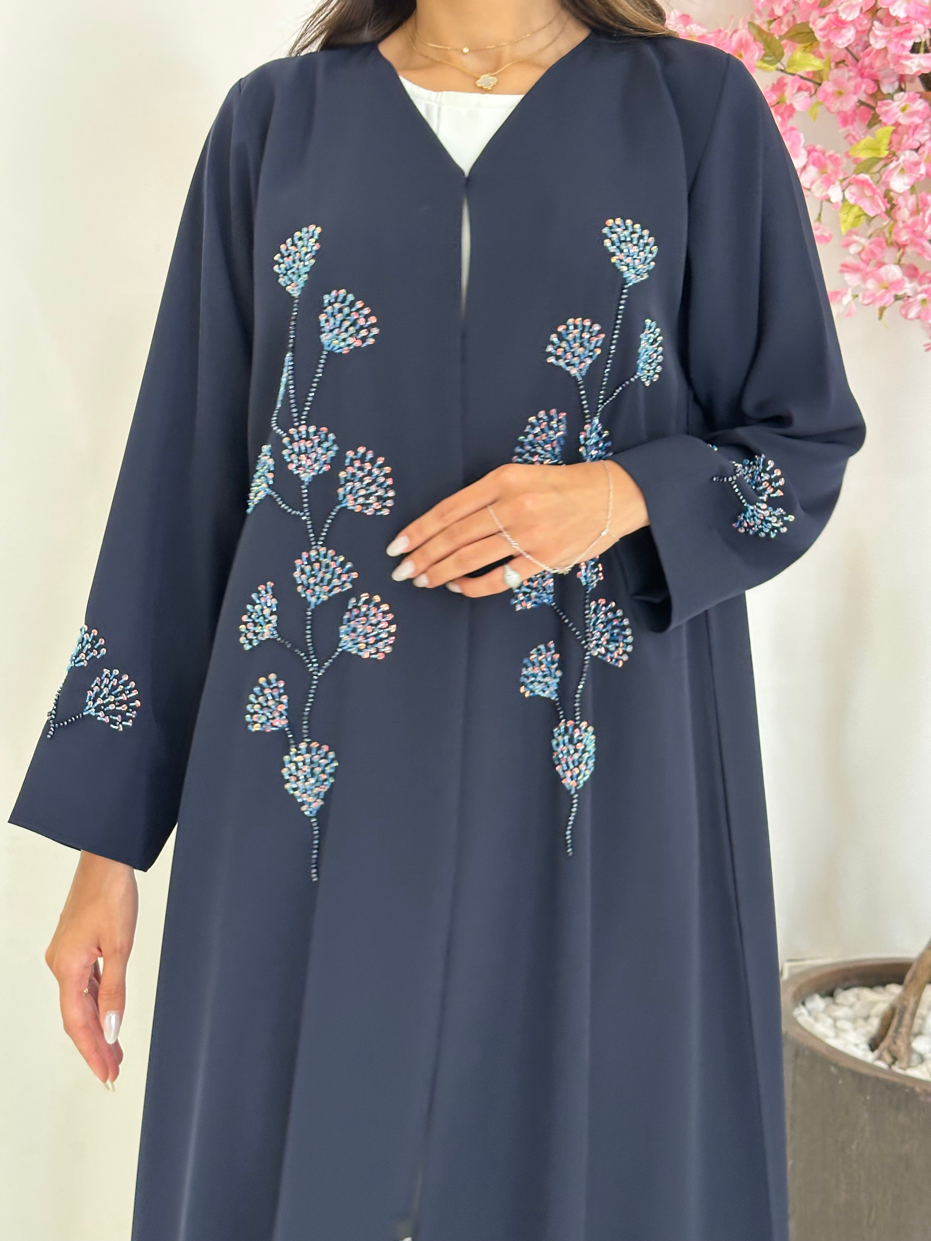C 1231 Navy Blue Beaded Abaya