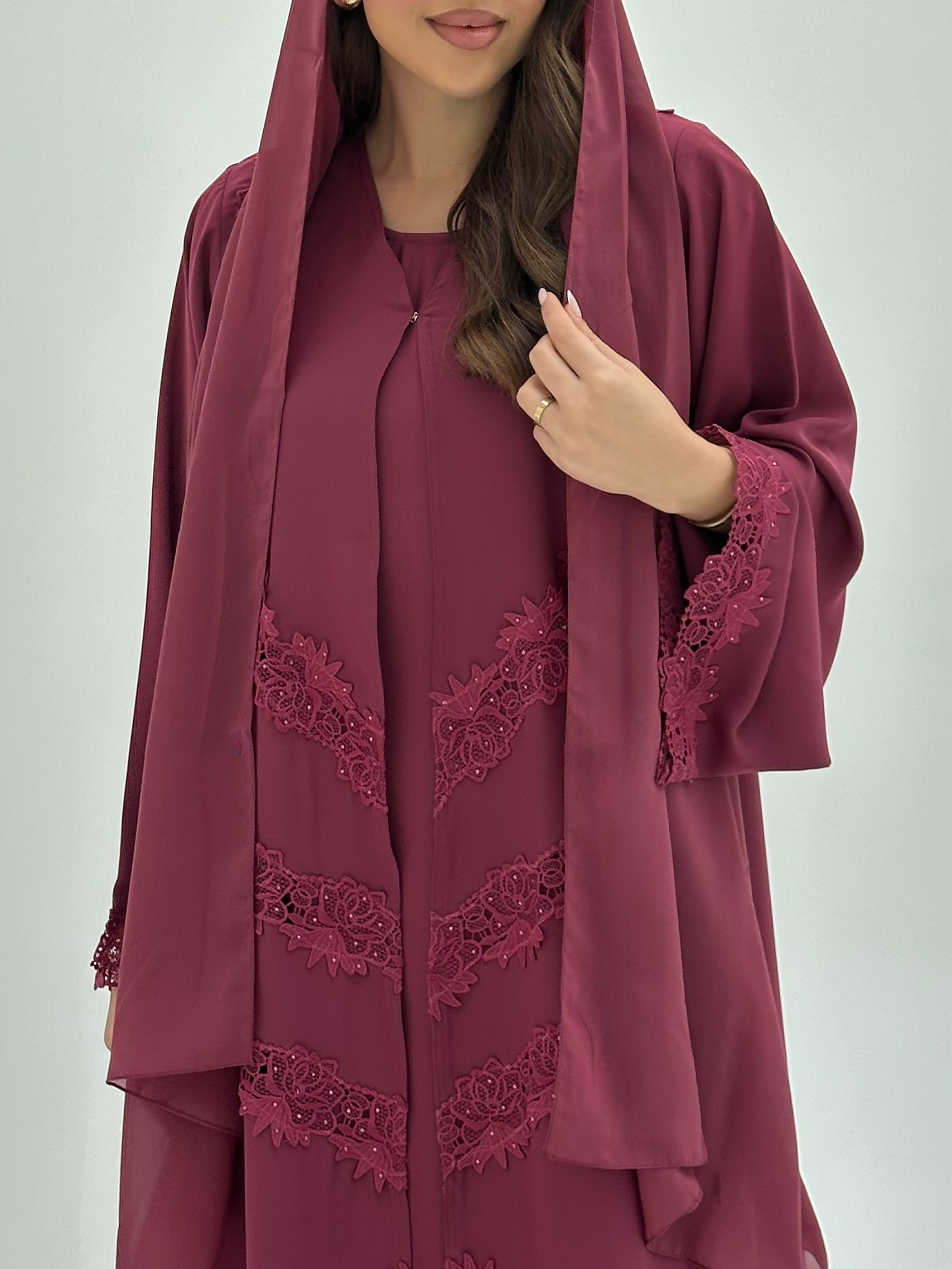 C 1807 Dark Fuchsia Lace Abaya