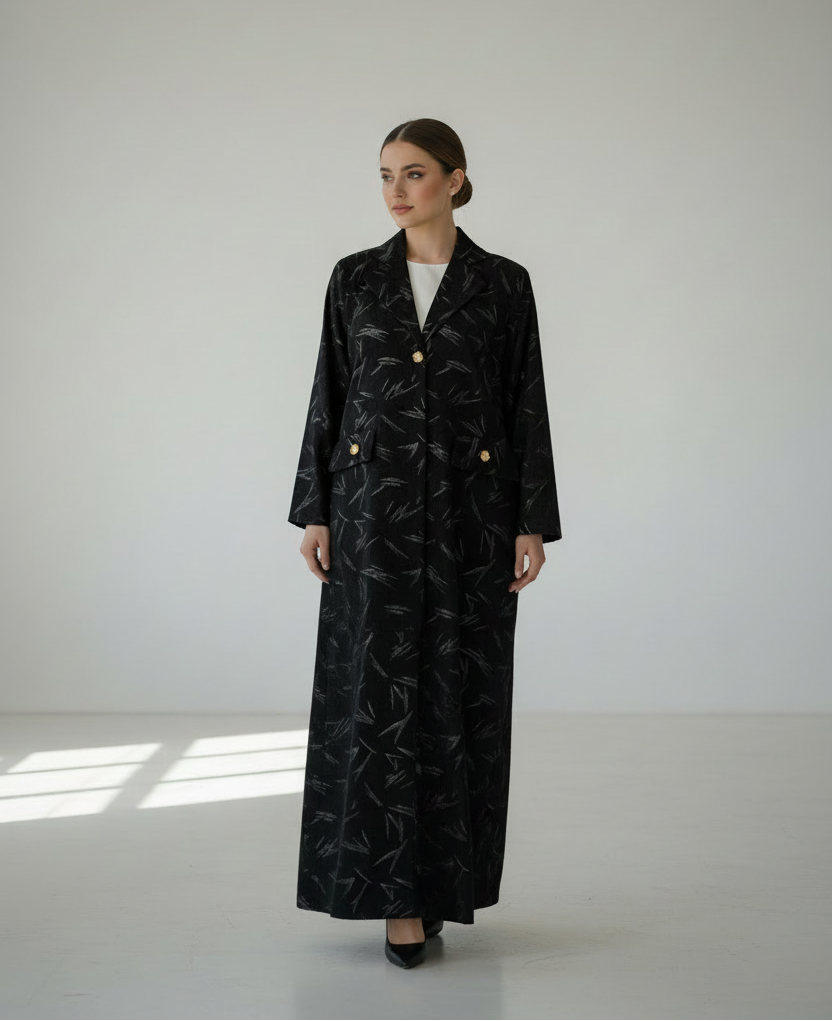 Arab model in black velvet abaya with white inner dress