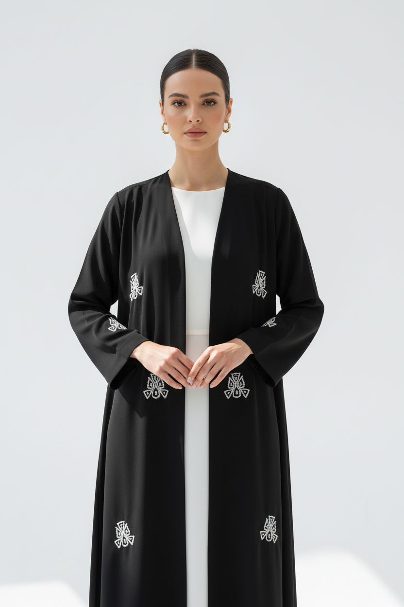 Arab model wearing black abaya - waist-up close-up