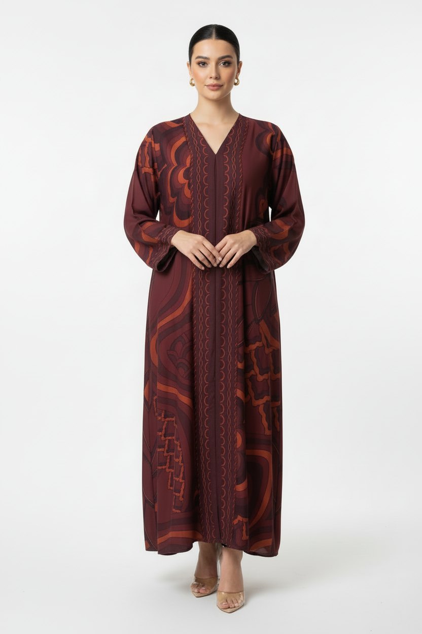 Arab model wearing burgundy printed abaya with original print, no buttons