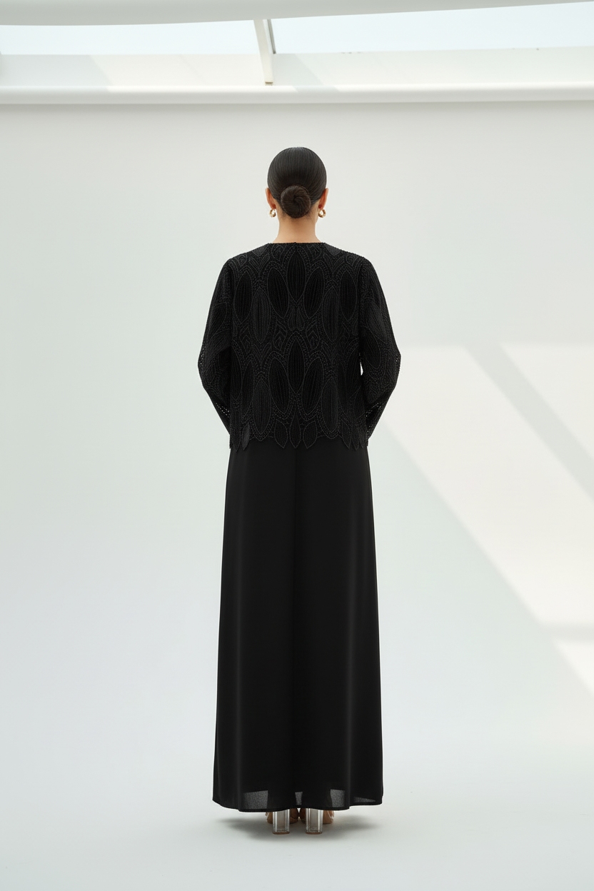 Back view of beaded abaya on model