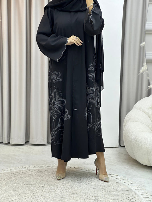 Black Floral White Embroidery Abaya Set