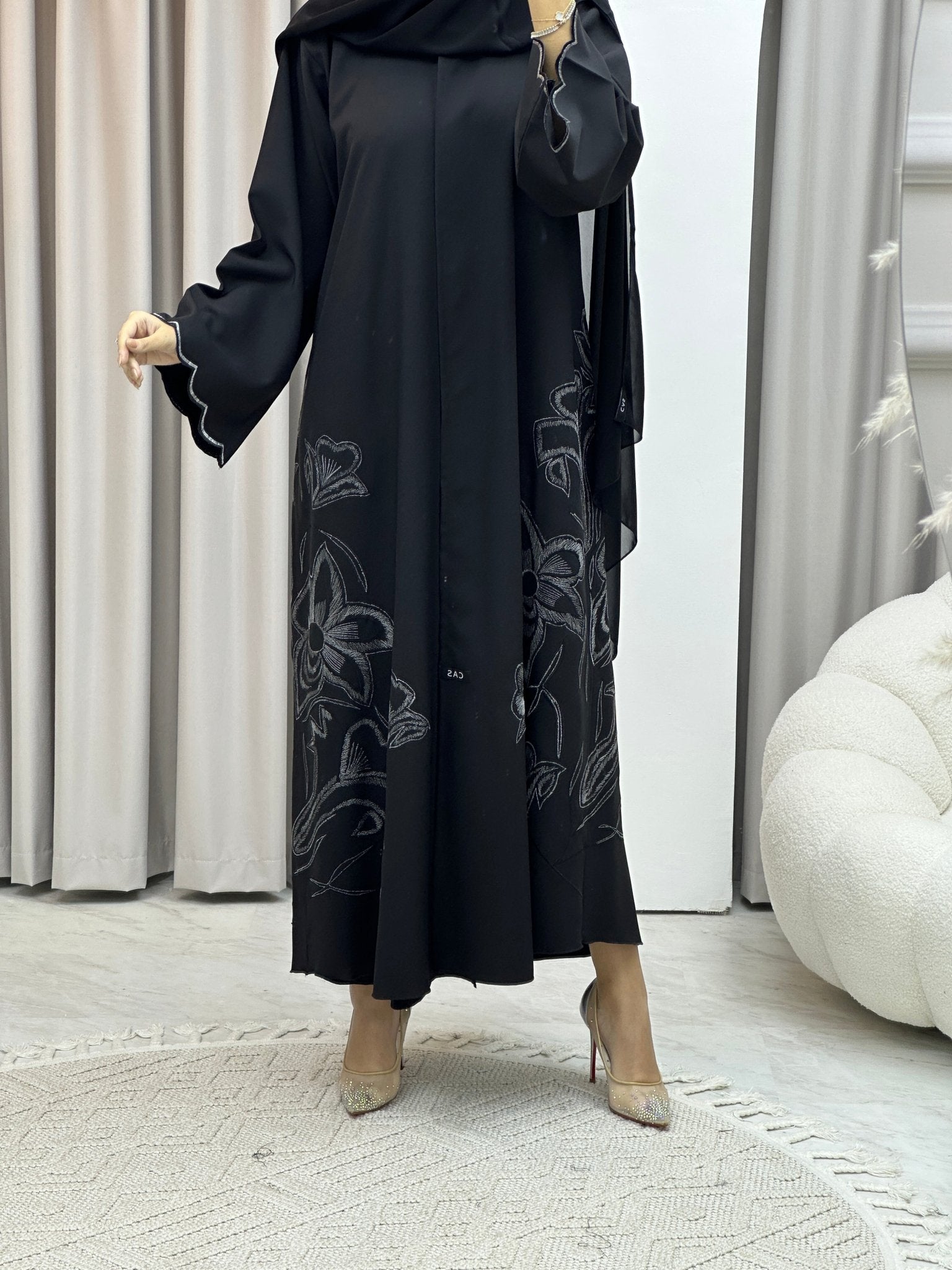 Black Floral White Embroidery Abaya Set