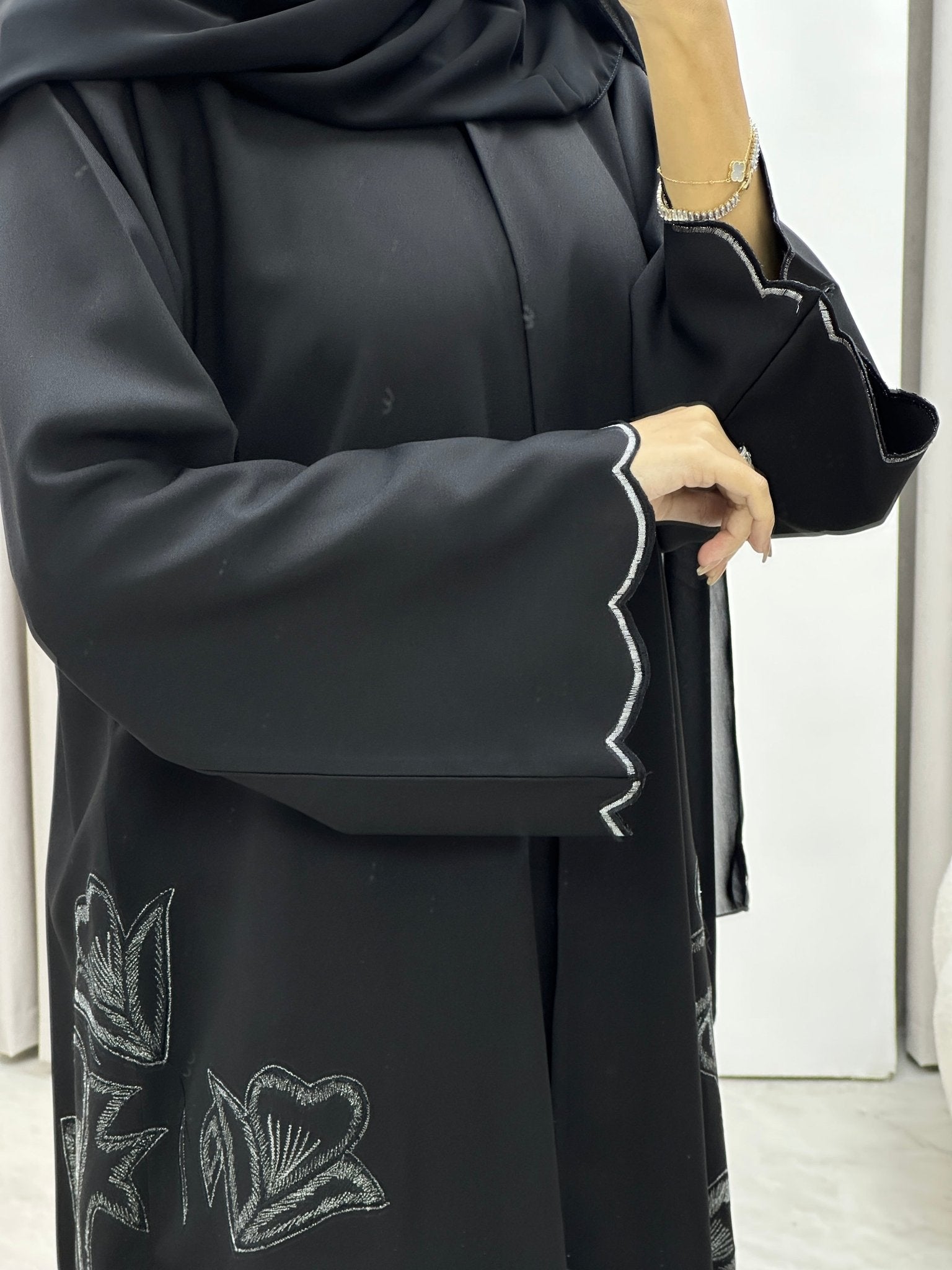 Black Floral White Embroidery Abaya Set