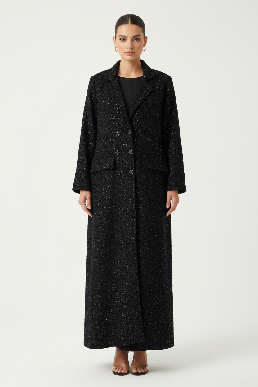 Black Sparkle Tweed Abaya Front View - Fully Closed