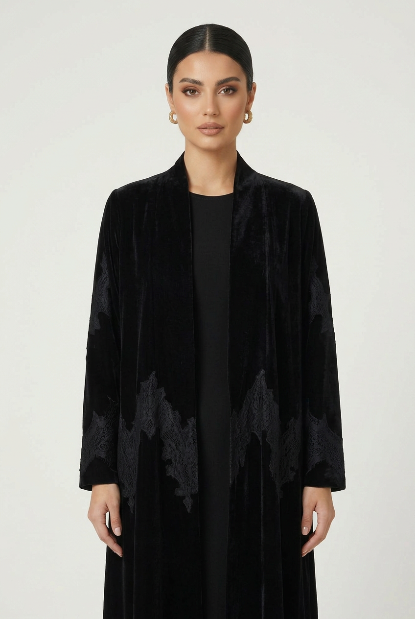 C 2831-01 Black Velvet Dantel Abaya