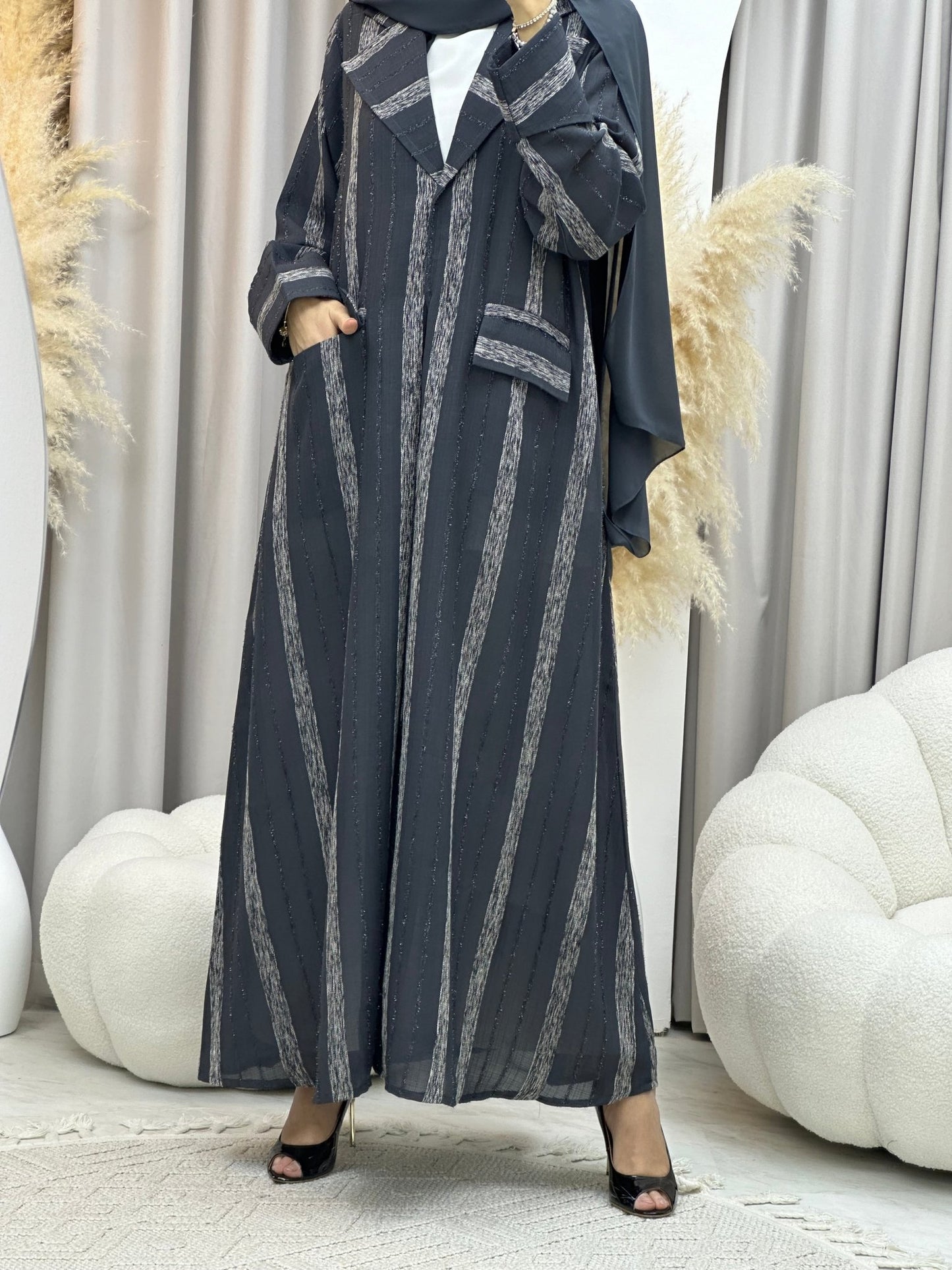 C 0002 - 03 Grey Striped Coat Eid Abaya