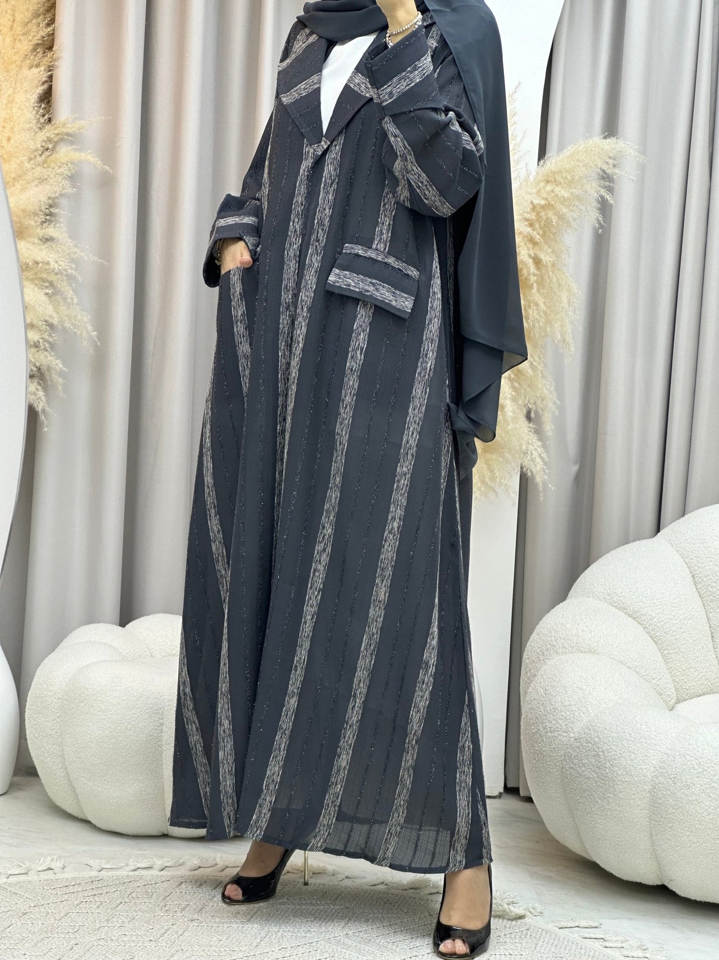 C 0002 - 03 Grey Striped Coat Eid Abaya