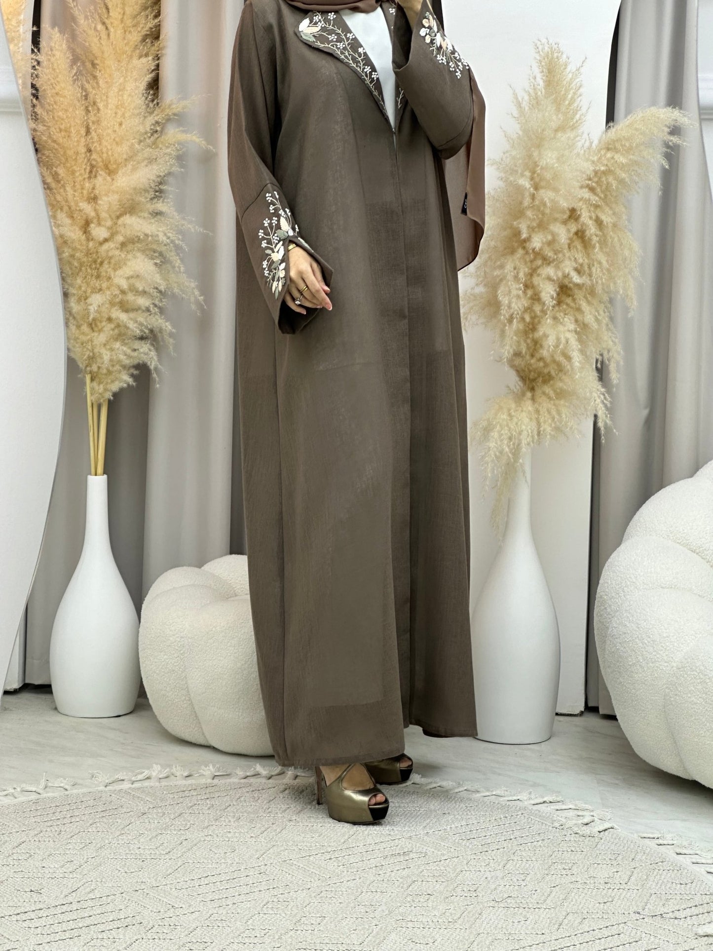 C 0009 Brown Floral Embroidery Eid Abaya