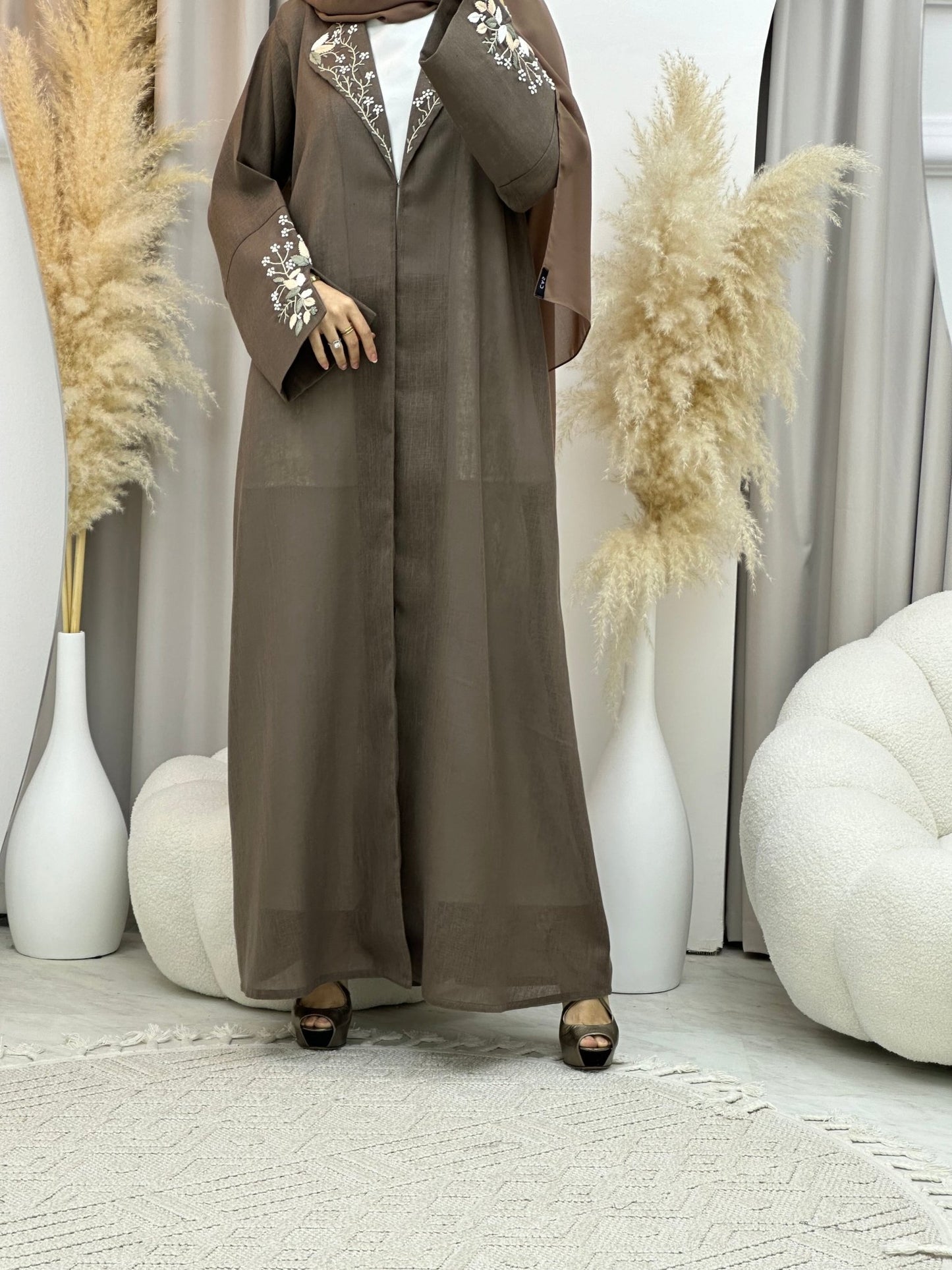 C 0009 Brown Floral Embroidery Eid Abaya