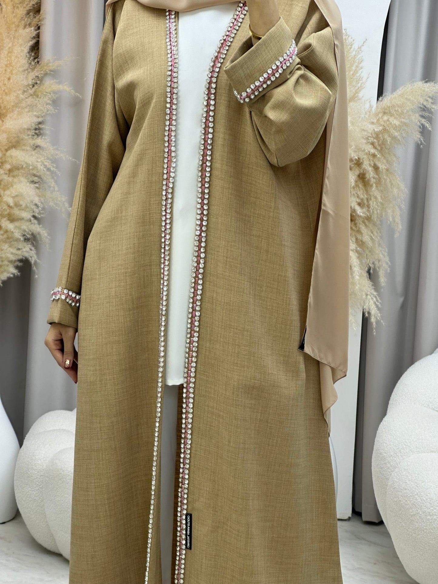 C 0010 Crystal Bisht Beige Eid Abaya