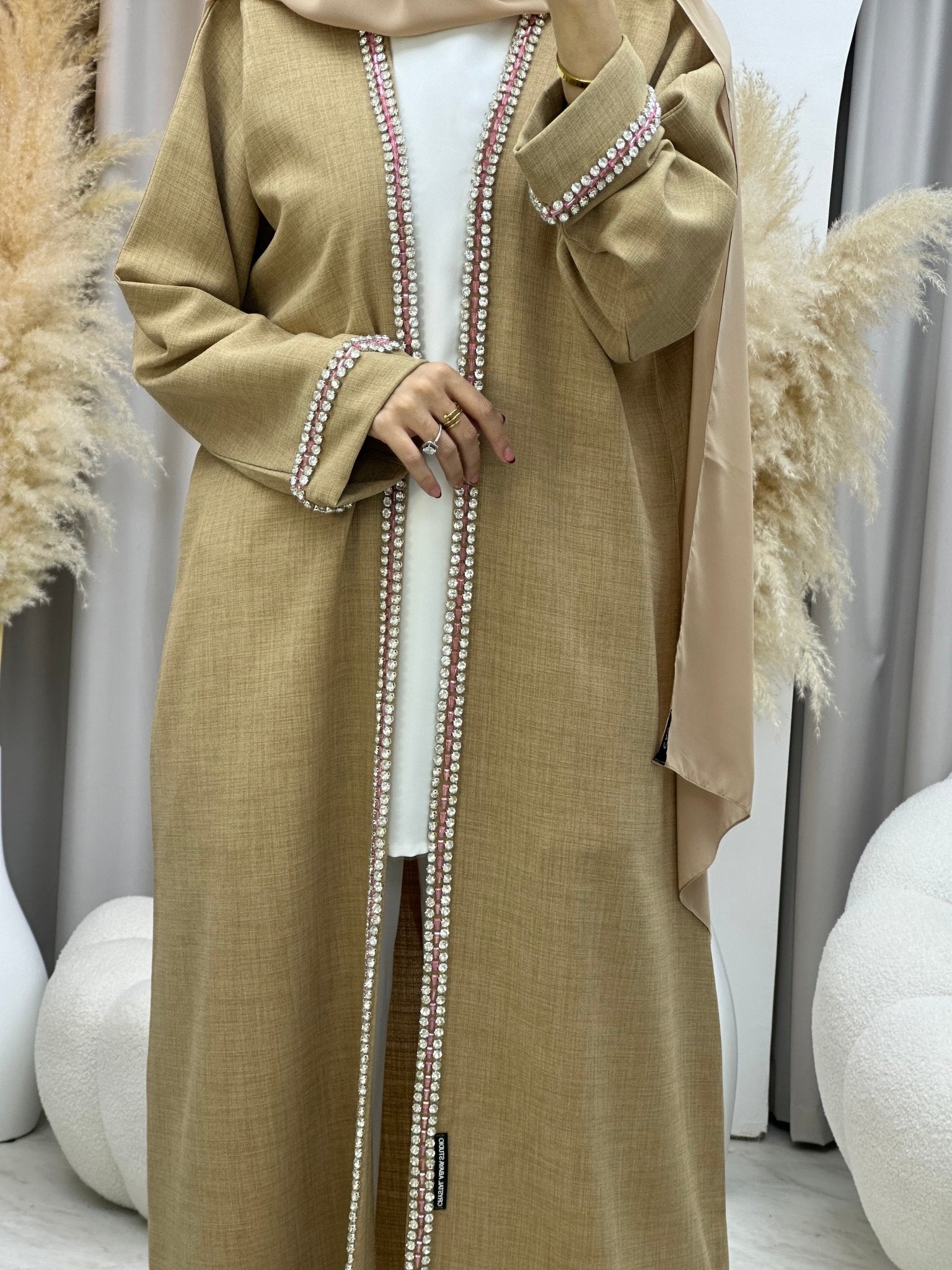 C 0010 Crystal Bisht Beige Eid Abaya