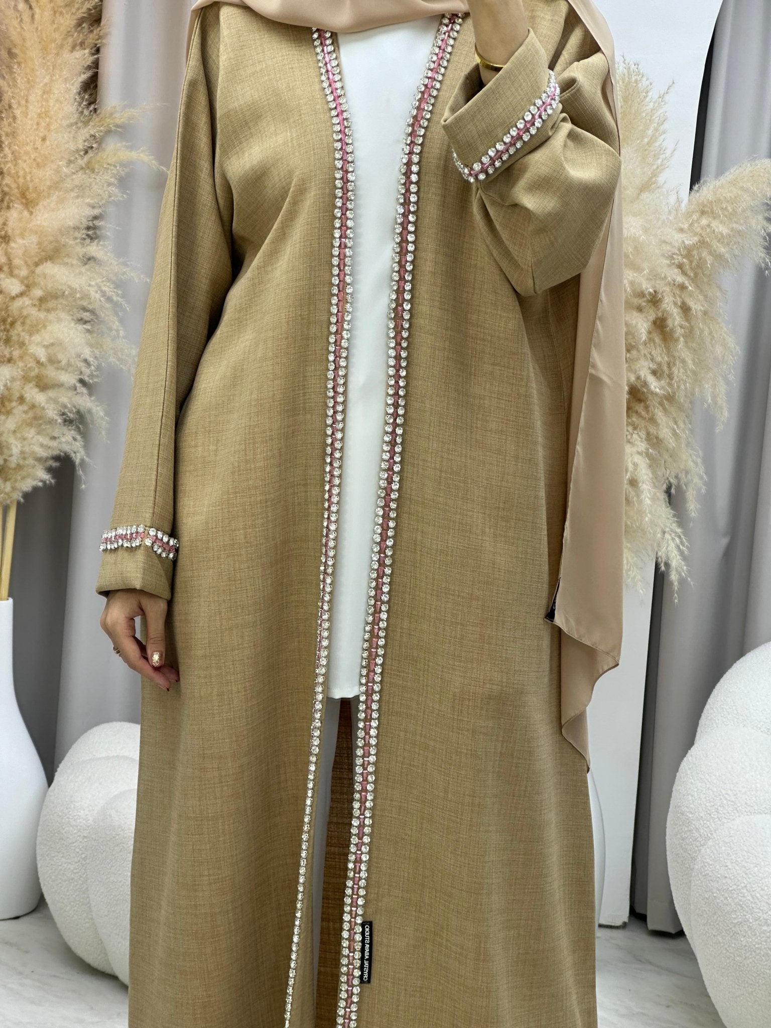 C 0010 Crystal Bisht Beige Eid Abaya