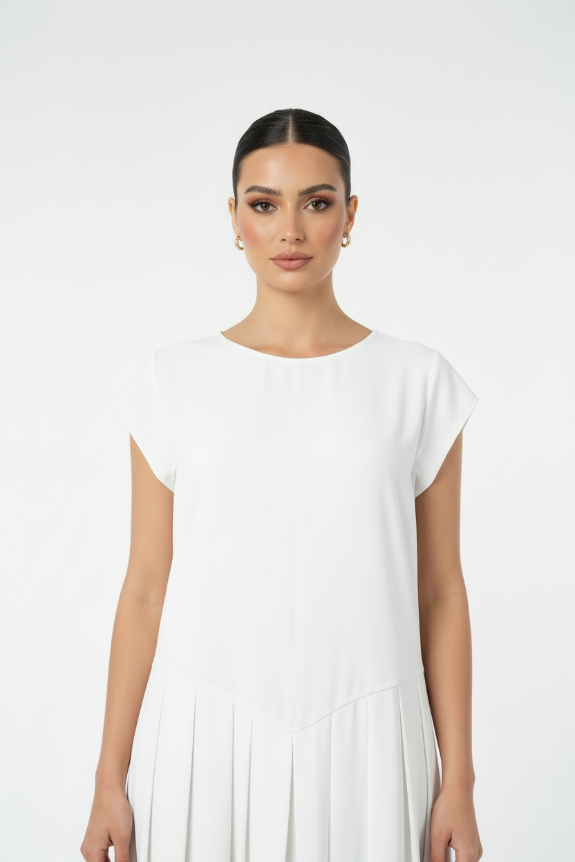 C 0011-03 White Pleated Under Abaya Dress