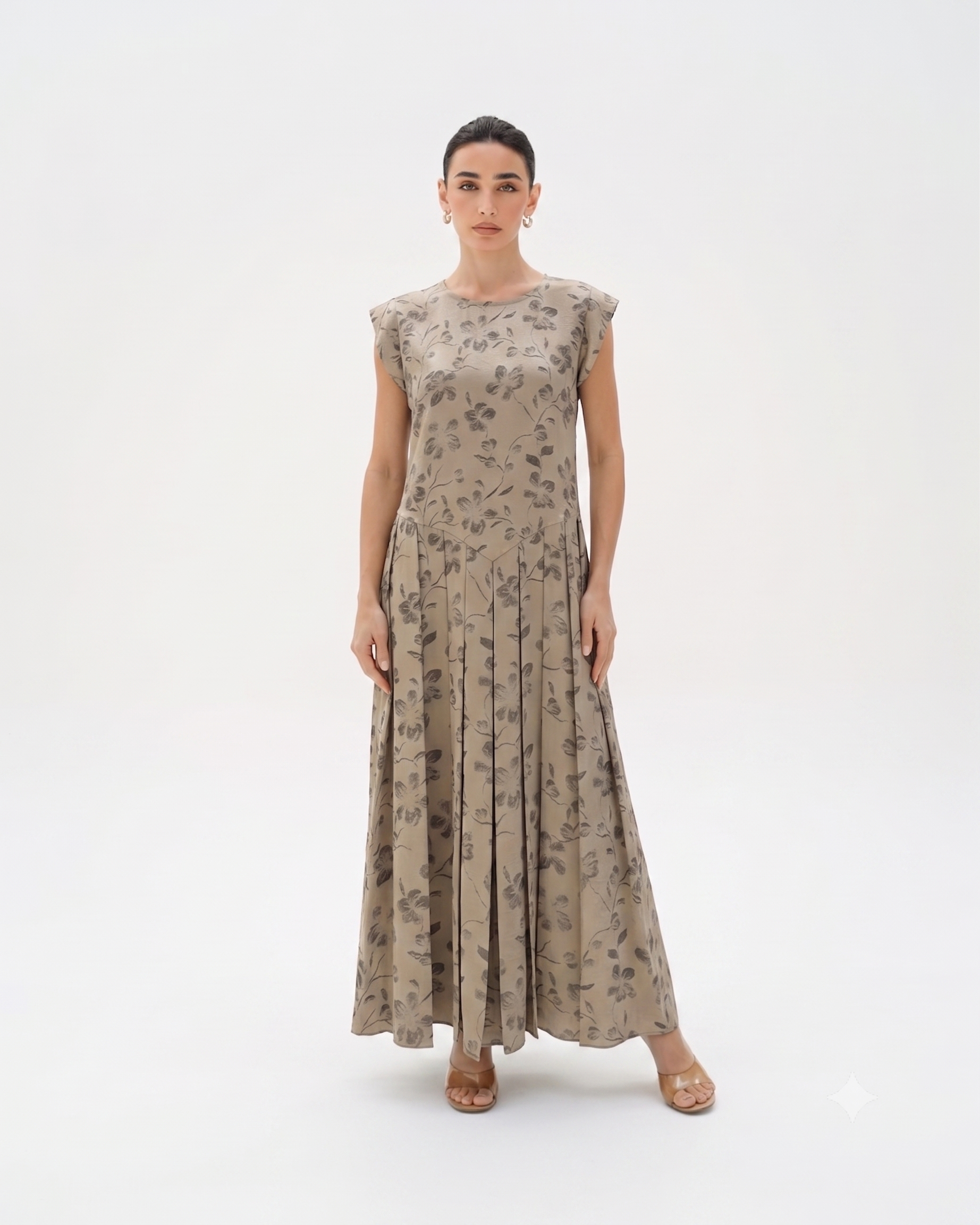 C 0014-02 Premium Beige Floral Under Abaya Dress