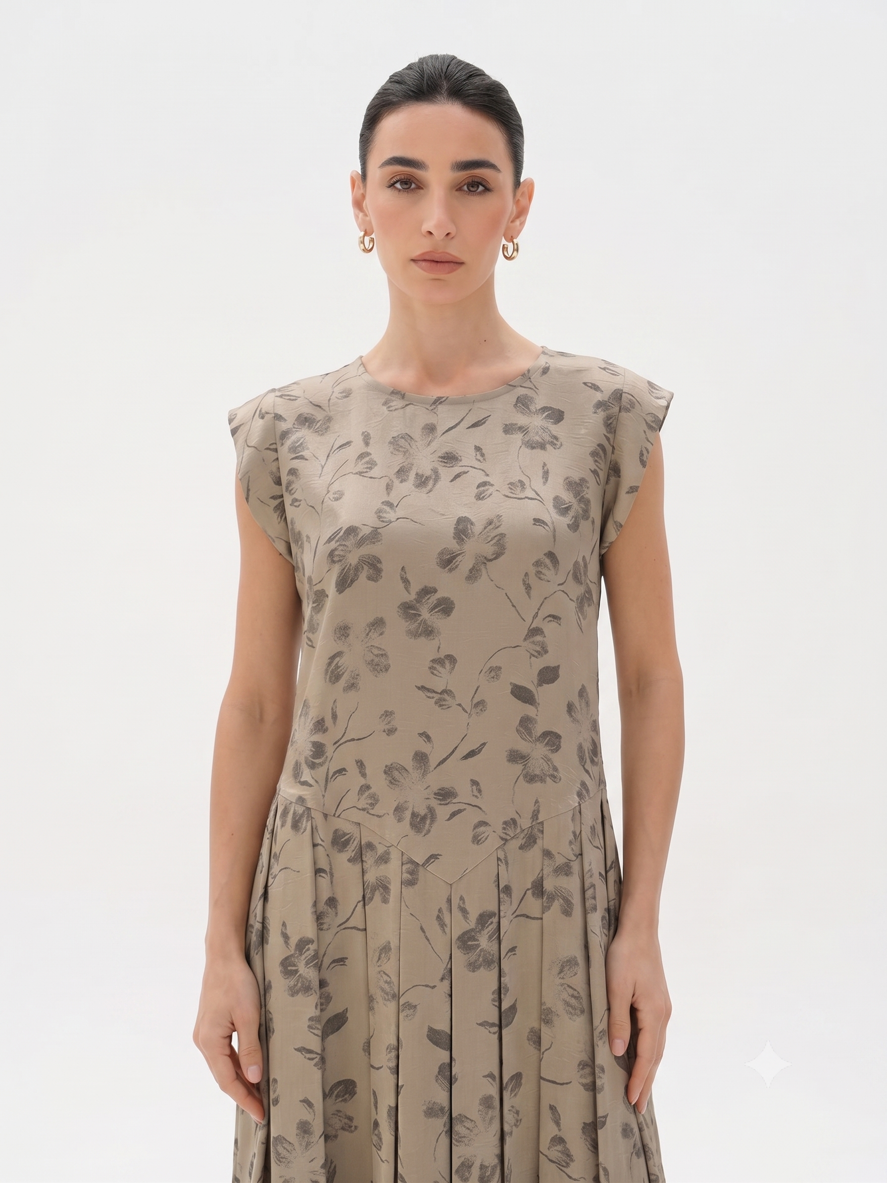 C 0014-02 Premium Beige Floral Under Abaya Dress