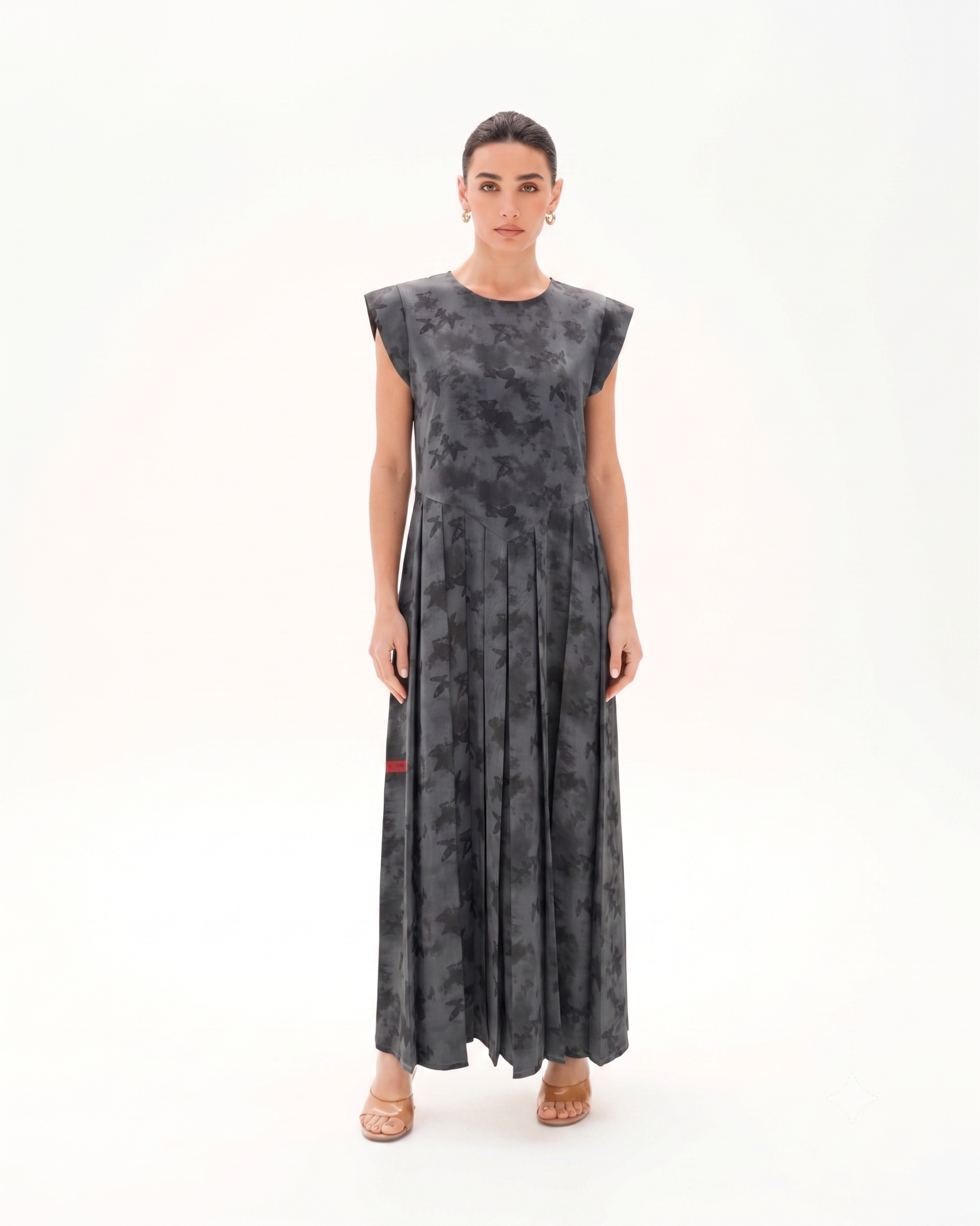 C 0019-01 Premium Grey Butterfly Pleated Under Abaya Dress