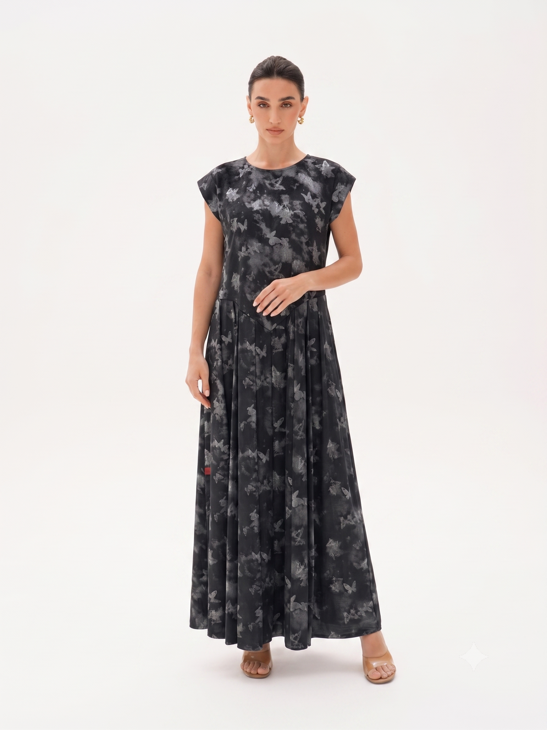 C 0019-02 Premium Black Butterfly Pleated Under Abaya Dress