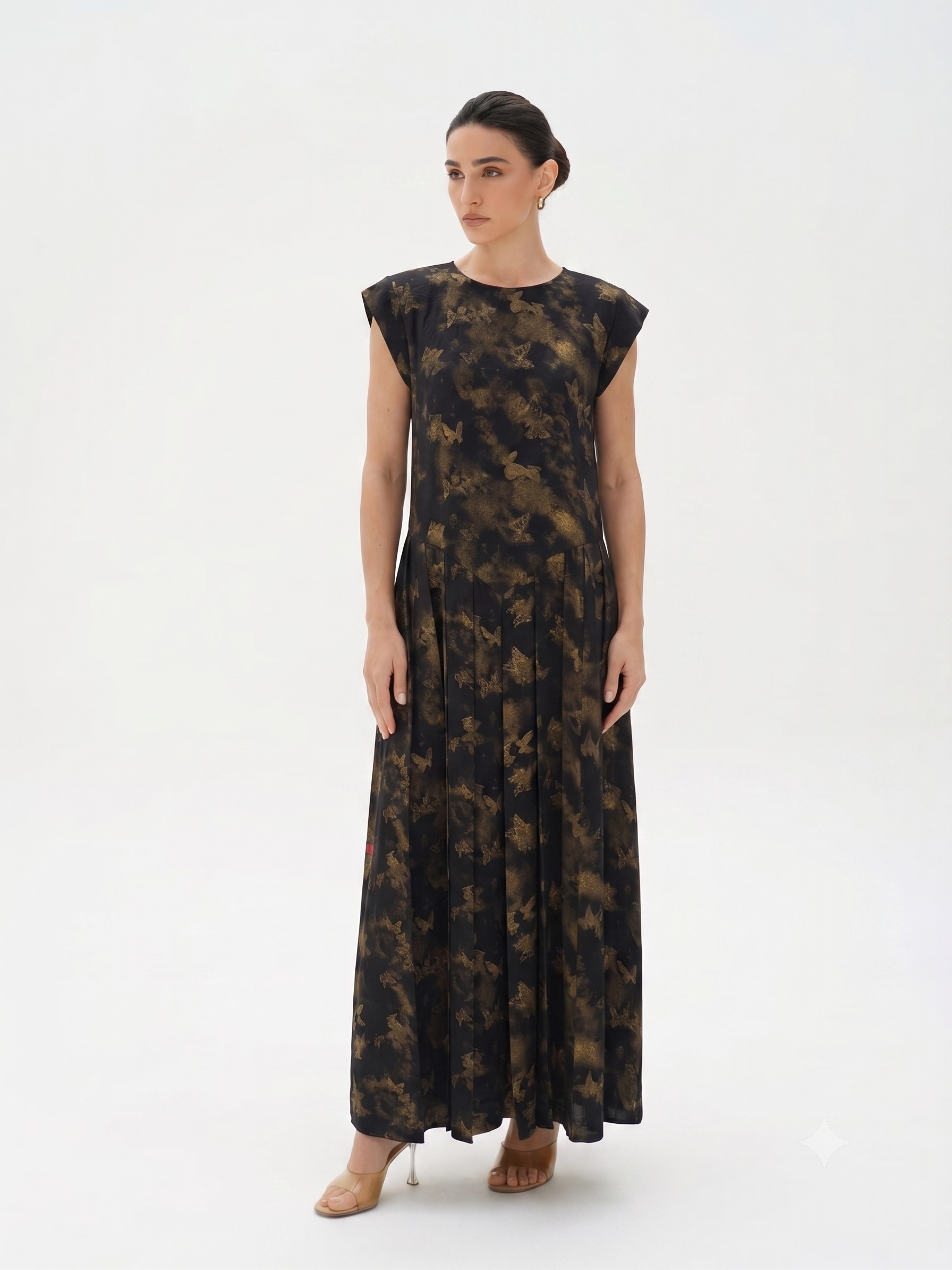 C 0019-03 Premium Gold Butterfly Pleated Under Abaya Dress