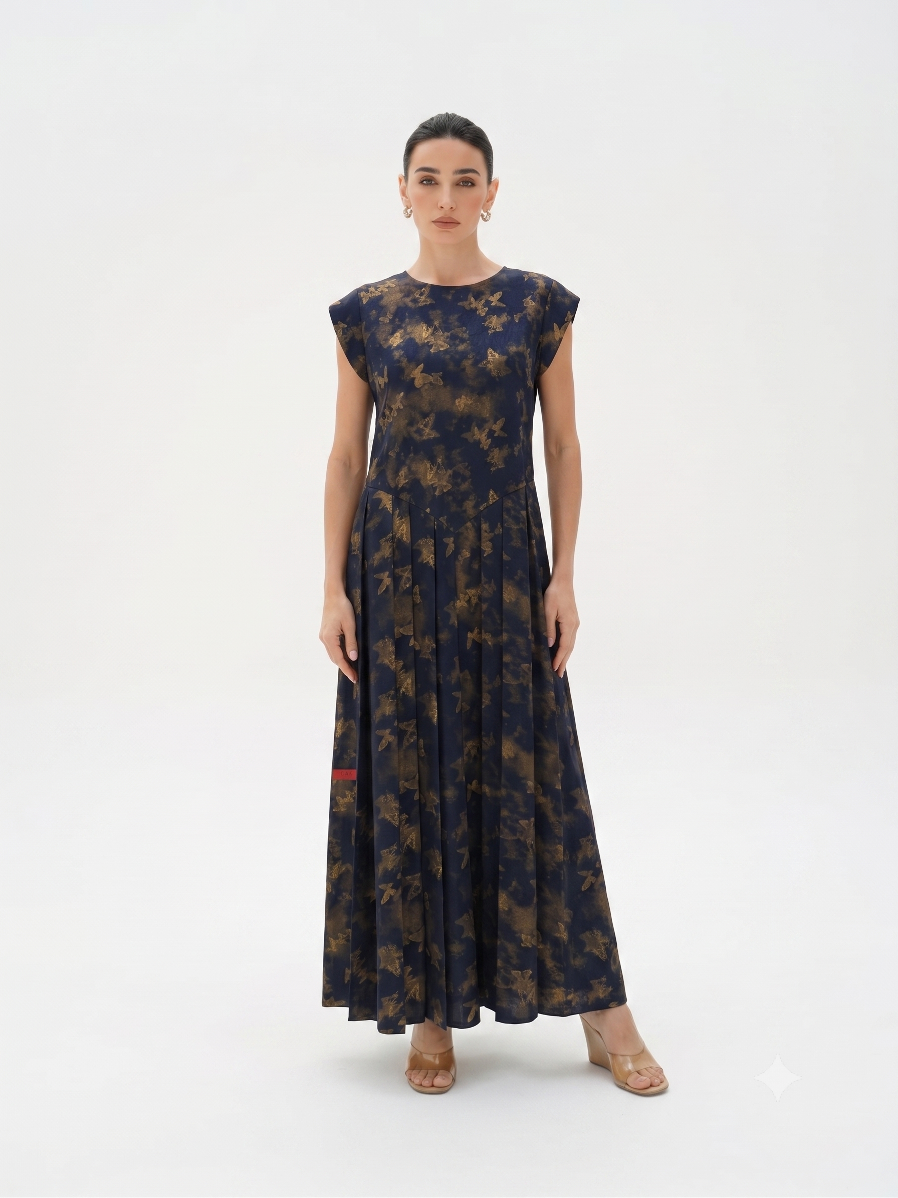 C 0019-05 Premium Navy Butterfly Pleated Under Abaya Dress