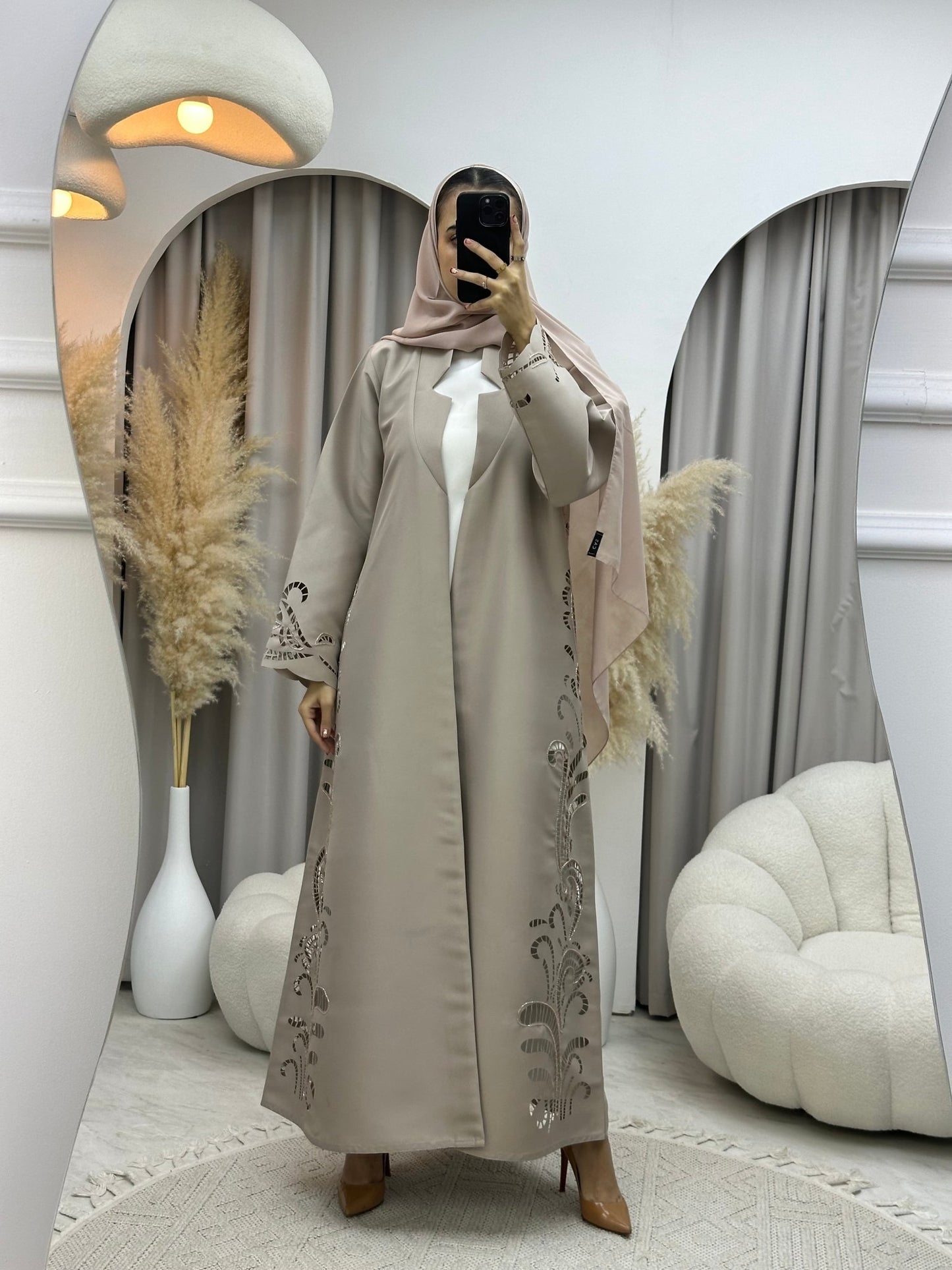 C 0019 Beige Lasercut Eid Abaya