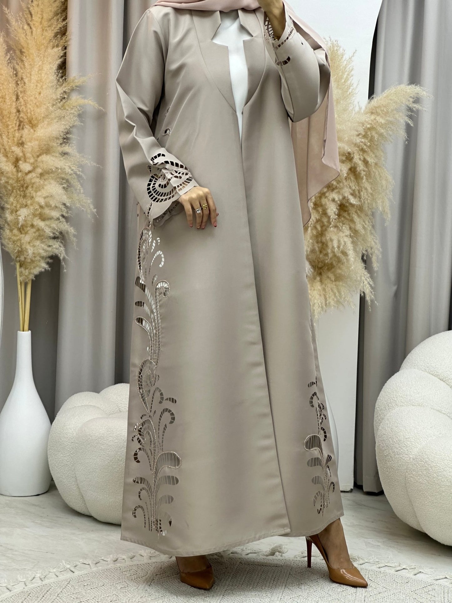 C 0019 Beige Lasercut Eid Abaya