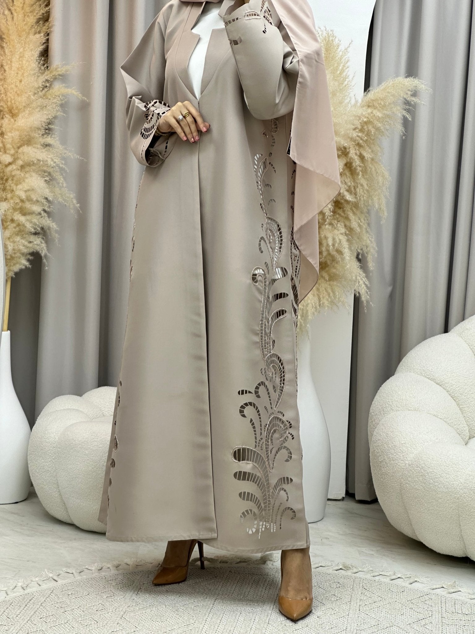 C 0019 Beige Lasercut Eid Abaya