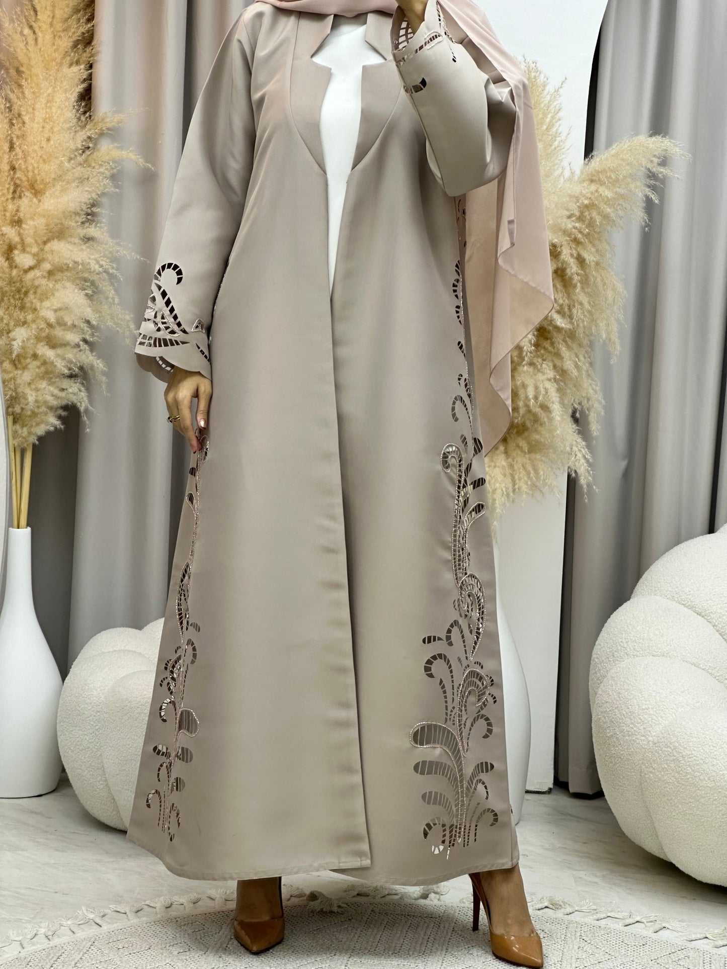 C 0019 Beige Lasercut Eid Abaya