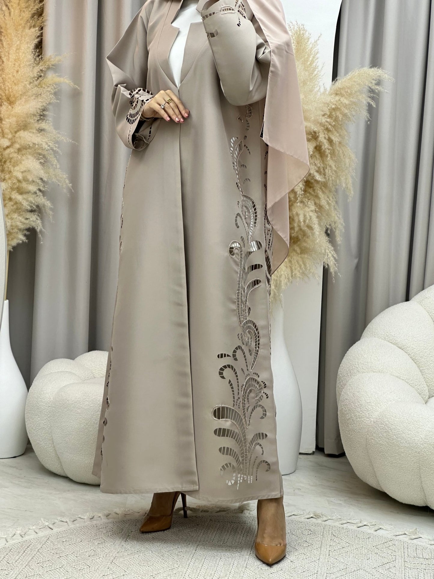 C 0019 Beige Lasercut Eid Abaya