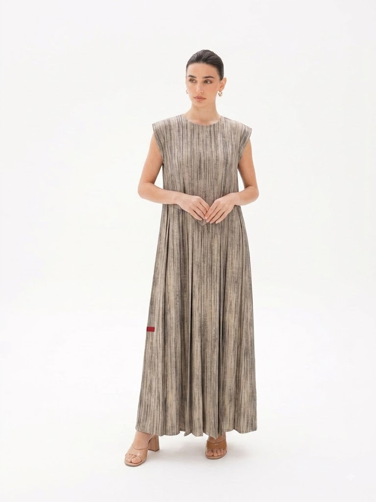 C 0022-01 Premium Beige Pleated Under Abaya Dress