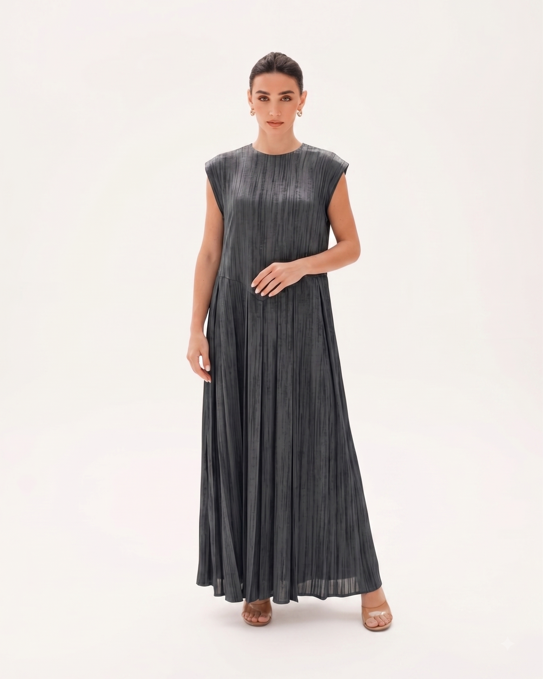 C 0022-02 Premium Grey Pleated Under Abaya Dress