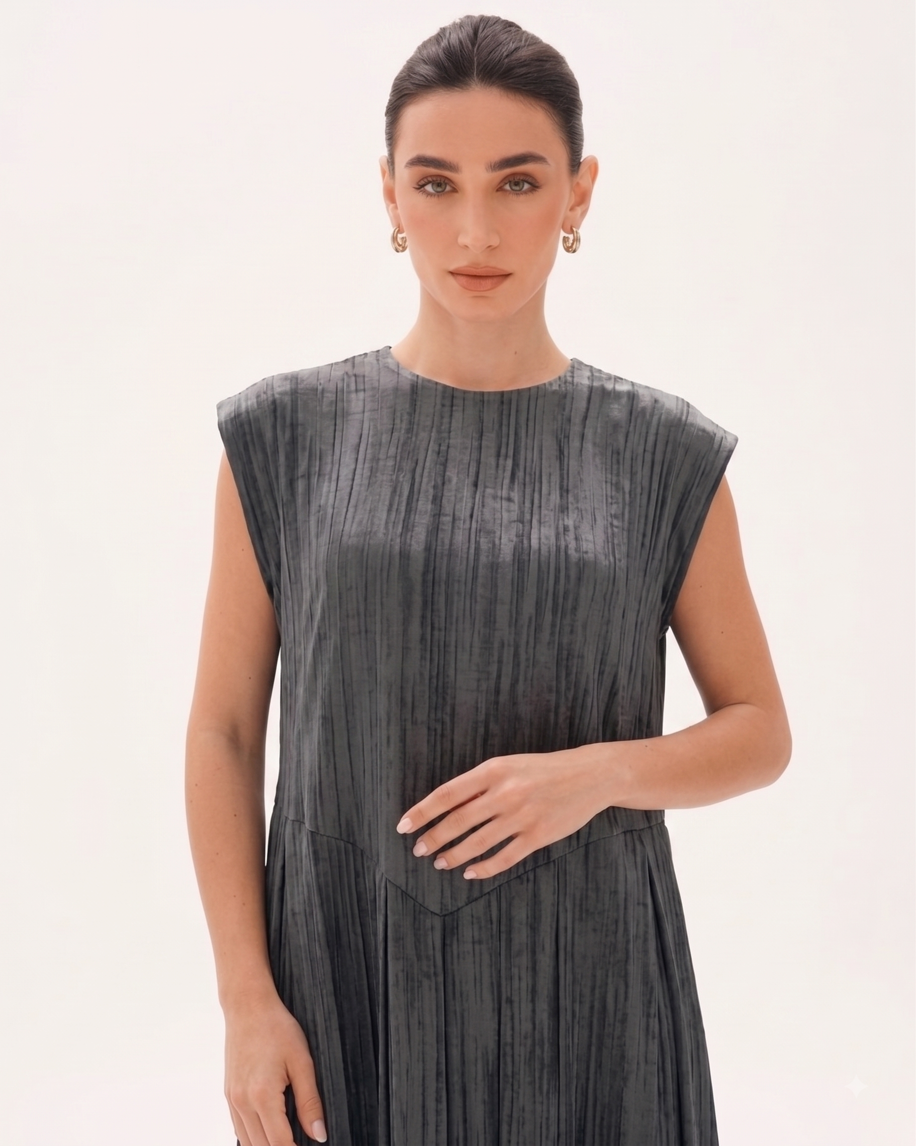 C 0022-02 Premium Grey Pleated Under Abaya Dress