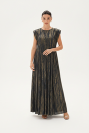 C 0022-03 Premium Navy Gold Pleated Under Abaya Dress