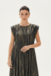 C 0022-03 Premium Navy Gold Pleated Under Abaya Dress
