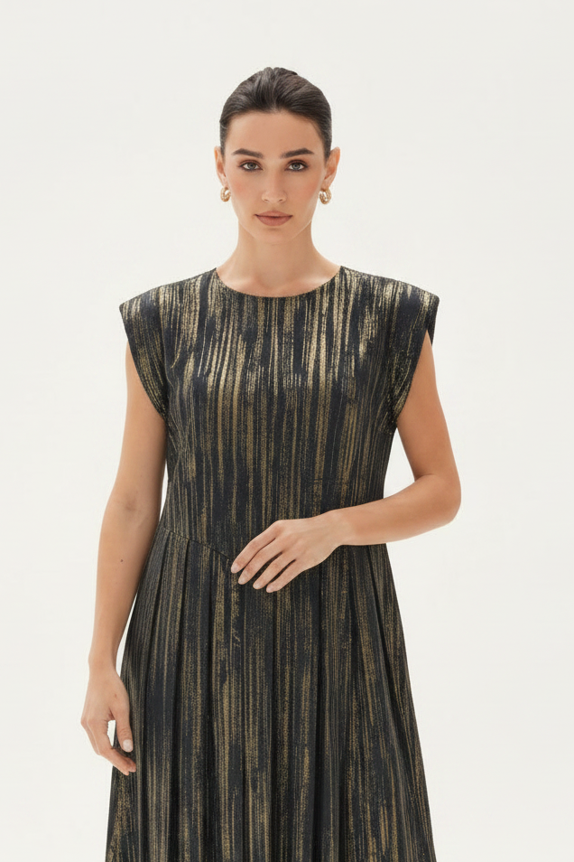 C 0022-03 Premium Navy Gold Pleated Under Abaya Dress
