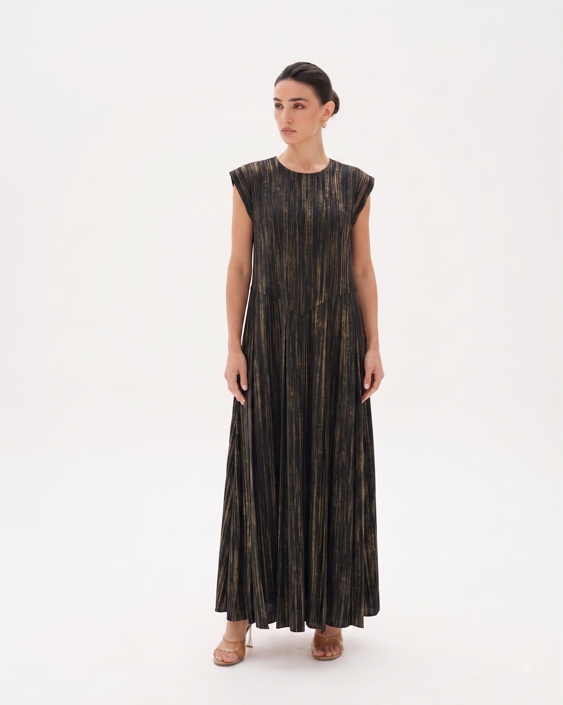 C 0022-04 Premium Black Gold Pleated Under Abaya Dress