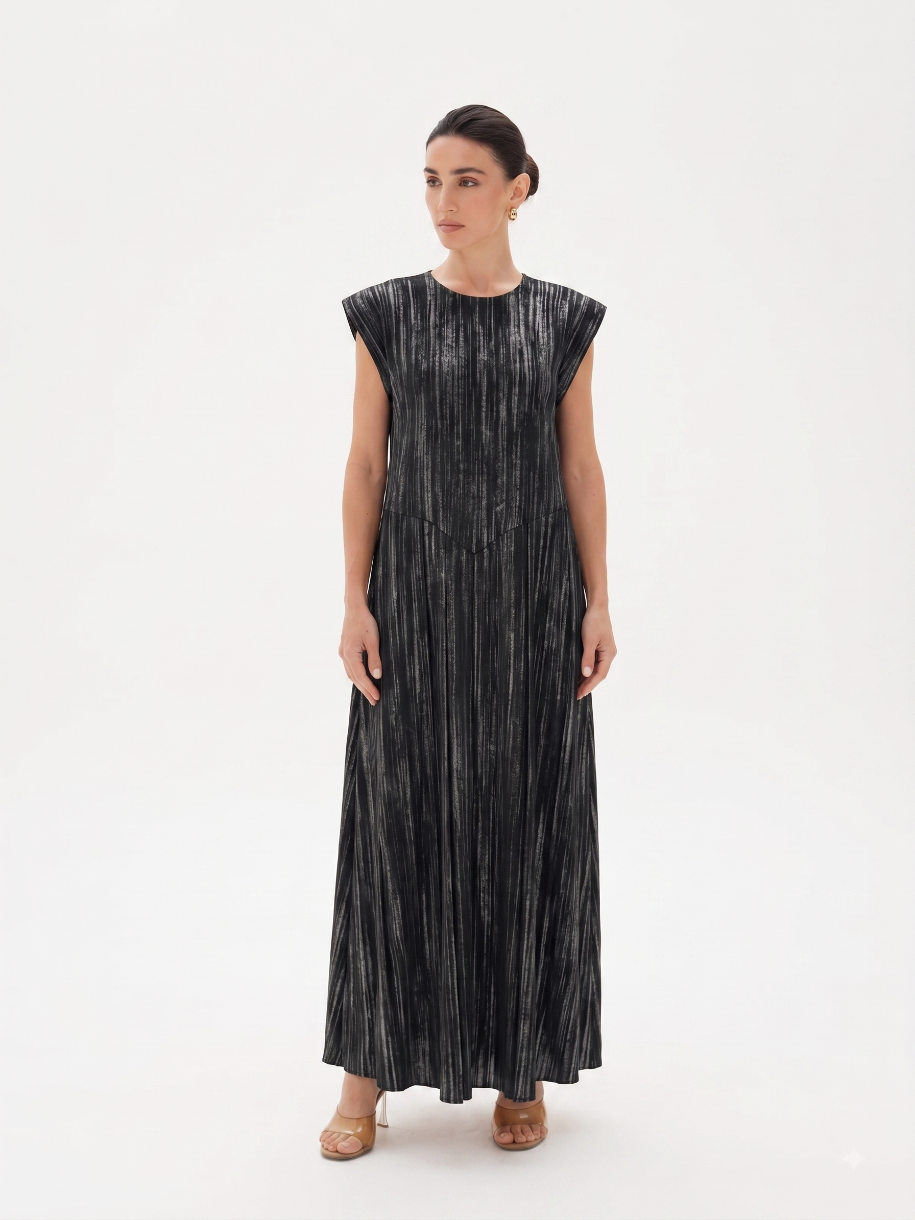 C 0022-05 Premium Black Silver Pleated Under Abaya Dress