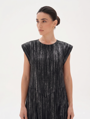 C 0022-05 Premium Black Silver Pleated Under Abaya Dress