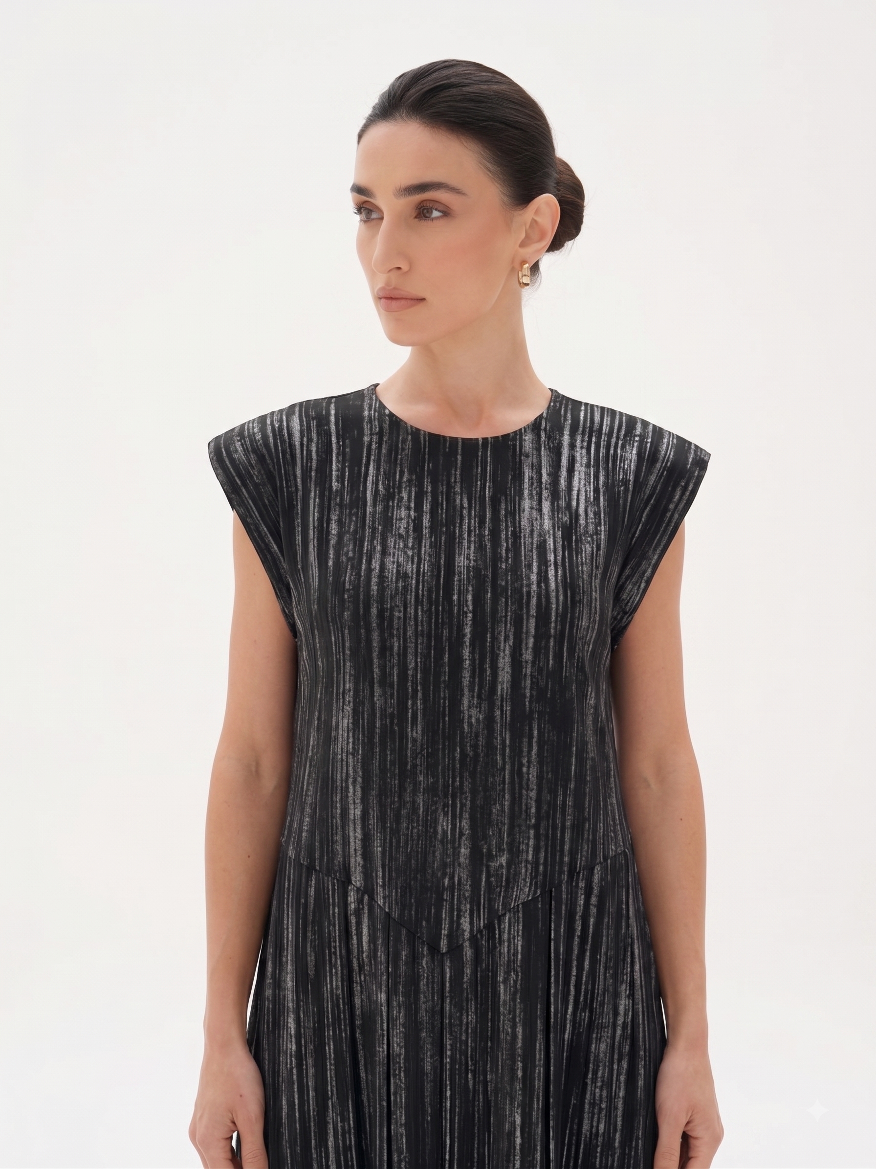 C 0022-05 Premium Black Silver Pleated Under Abaya Dress