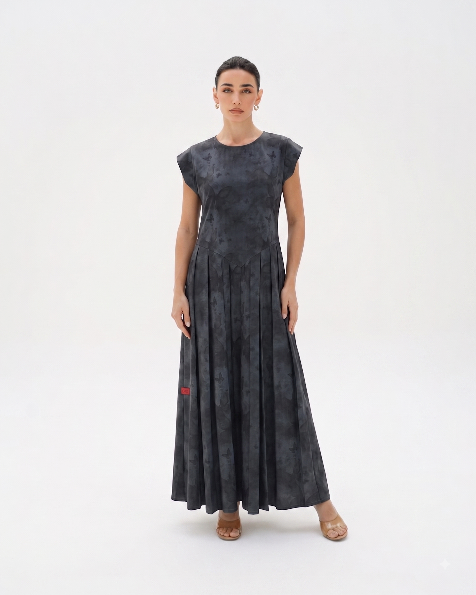 C 0023-01 Premium Charcoal Butterfly Pleated Under Abaya Dress