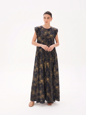 C 0023-02 Premium Navy Gold Butterfly Pleated Under Abaya Dress