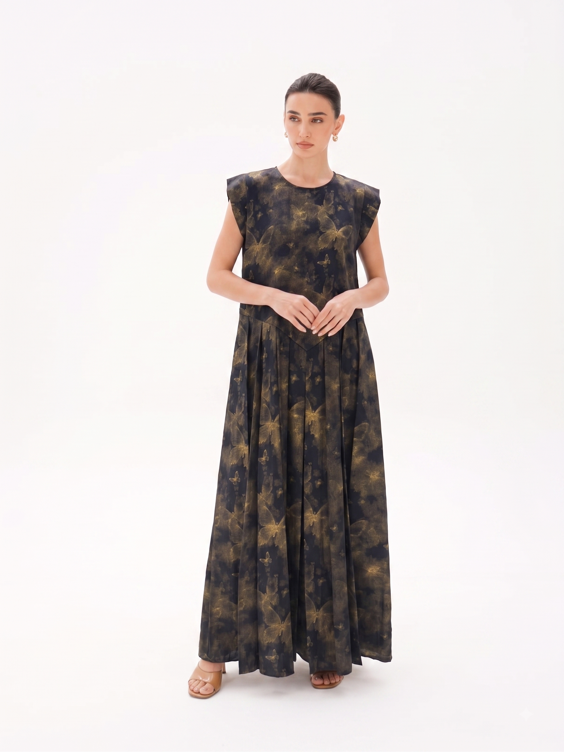 C 0023-02 Premium Navy Gold Butterfly Pleated Under Abaya Dress
