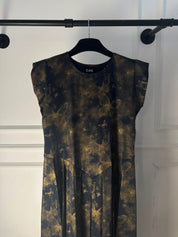 C 0023-02 Premium Navy Gold Butterfly Pleated Under Abaya Dress