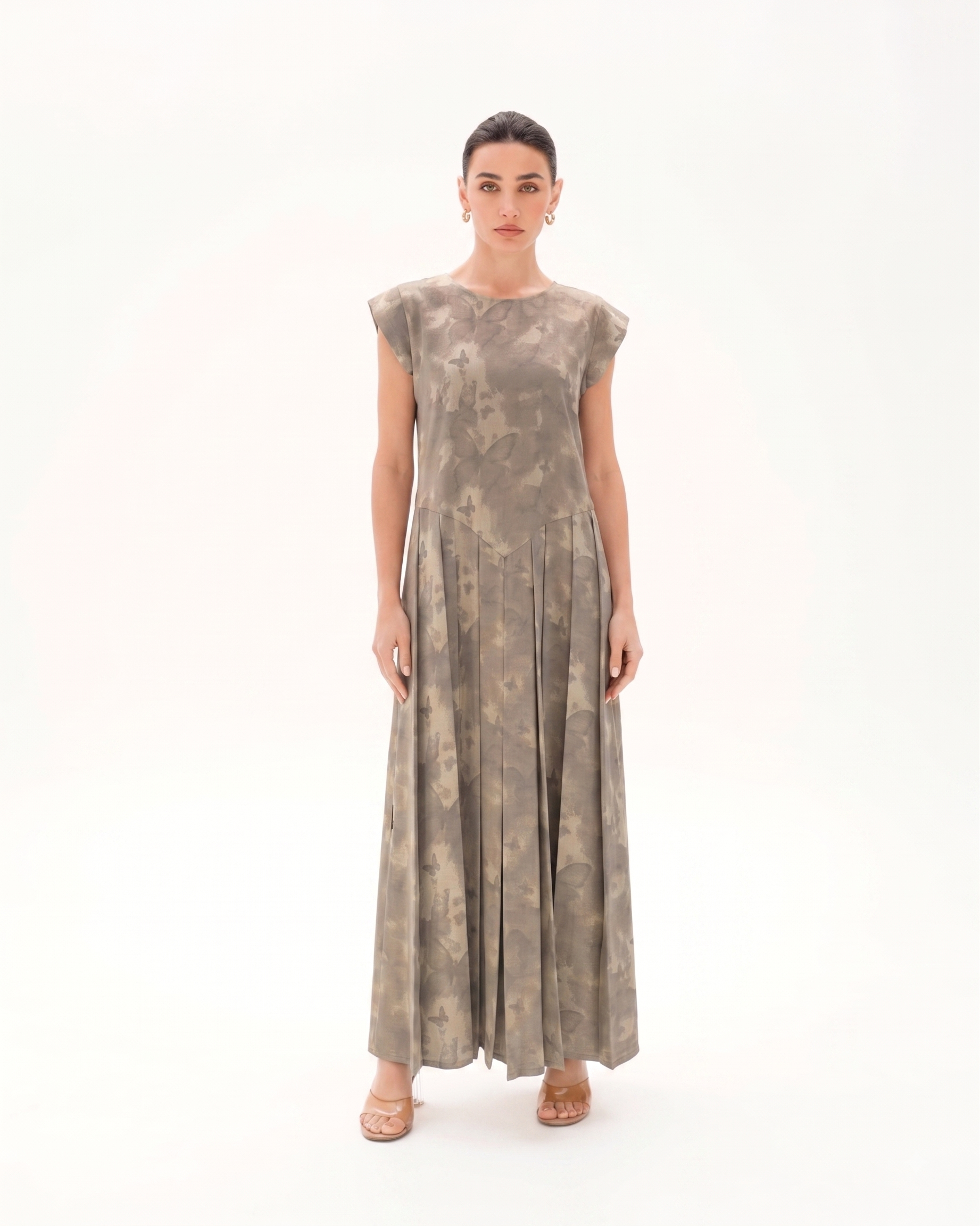 C 0023-03 Premium Beige Butterfly Pleated Under Abaya Dress