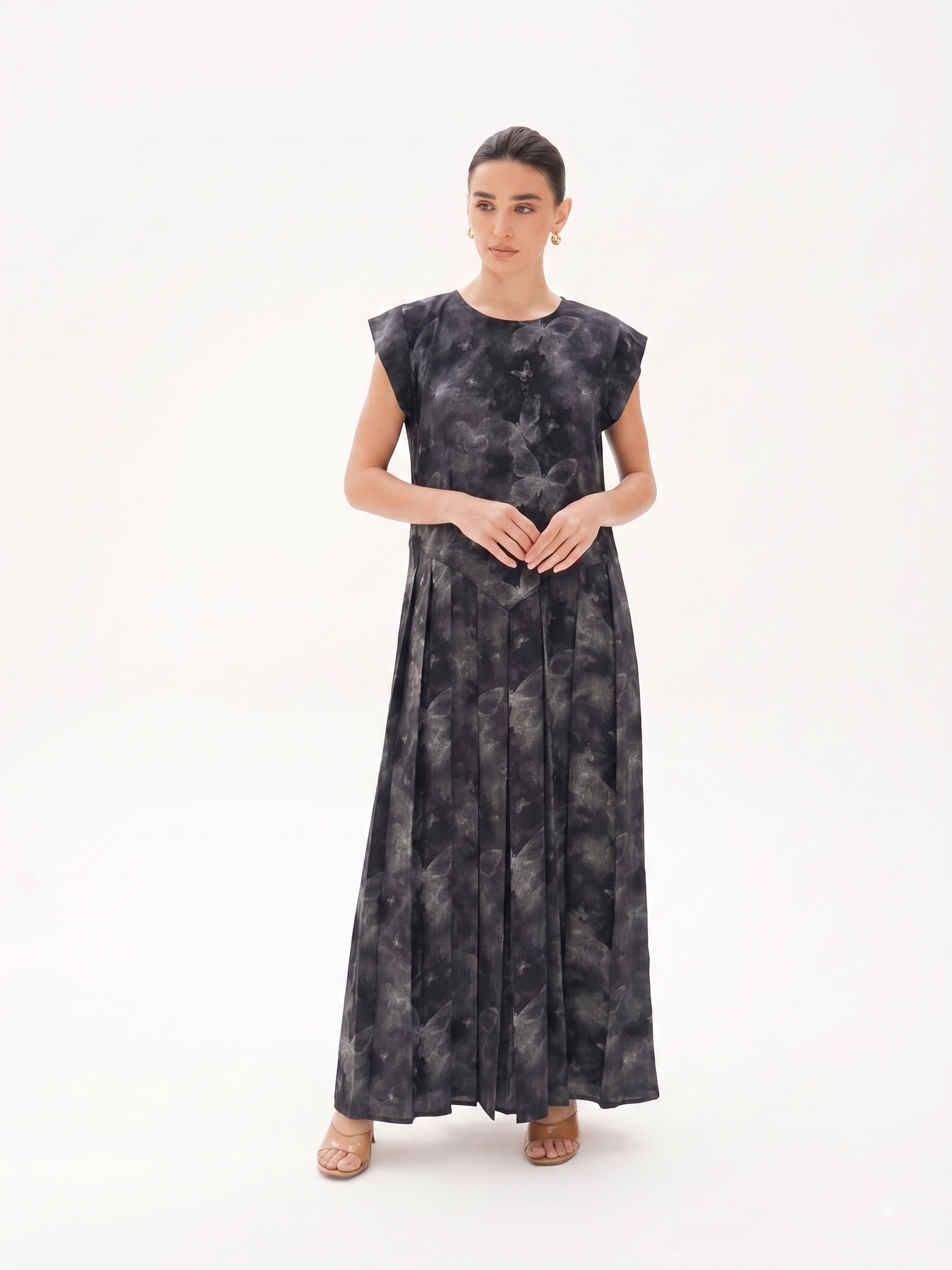 C 0023-04 Premium Black Silver Butterfly Pleated Under Abaya Dress